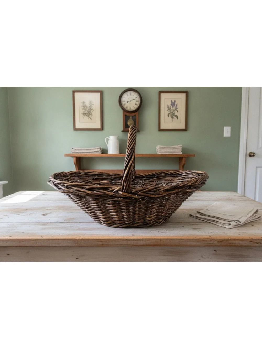 Vintage Handwoven Dark Wicker Rattan Large Flare Shaped Harvest Basket 10